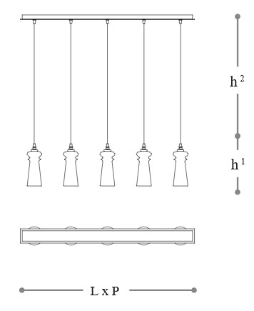 Dimensions of the Licio 2296/L5 Pendant Lamp by Incanto Italamp